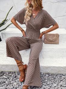 EMERY ROSE Allover Print Surplice Neck Wide Leg Jumpsuit - Khaki - View 6