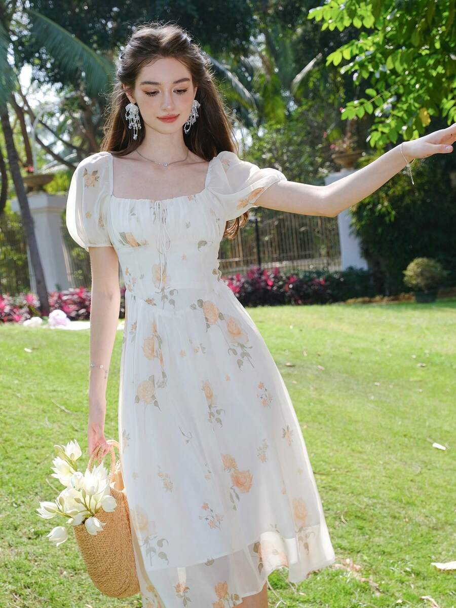 Floral Print Puff Sleeve Ruched Bust Dress - Beige - View 1