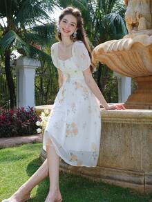 Floral Print Puff Sleeve Ruched Bust Dress - Beige - View 7