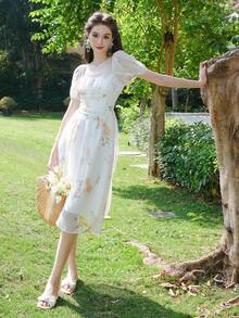 Floral Print Puff Sleeve Ruched Bust Dress - Beige - View 9