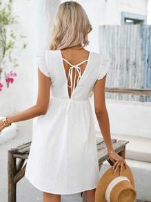 SHEIN VCAY Vestido smock unicolor ribete con fruncido - Blanco - Ver 3