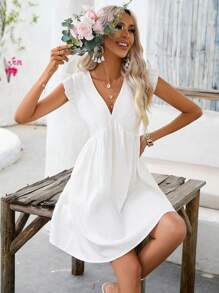 SHEIN VCAY Vestido smock unicolor ribete con fruncido - Blanco - Ver 1