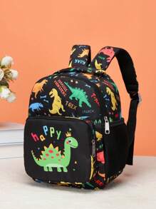 Mochila mediana de moda y adorable con estampado de dinosaurio de dibujos animados, diseño de estampado aleatorio - Negro - Ver 3