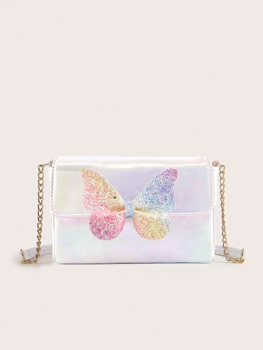 Girls Ombre Square Bag Glitter Butterfly Decor Flap PU