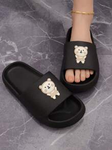 Dép Đi Trong Nhà Màu Đen Preppy Cho Nữ, Cầu Trượt Trang Trí Hình Gấu Hoạt Hình - màu đen - Xem 1
