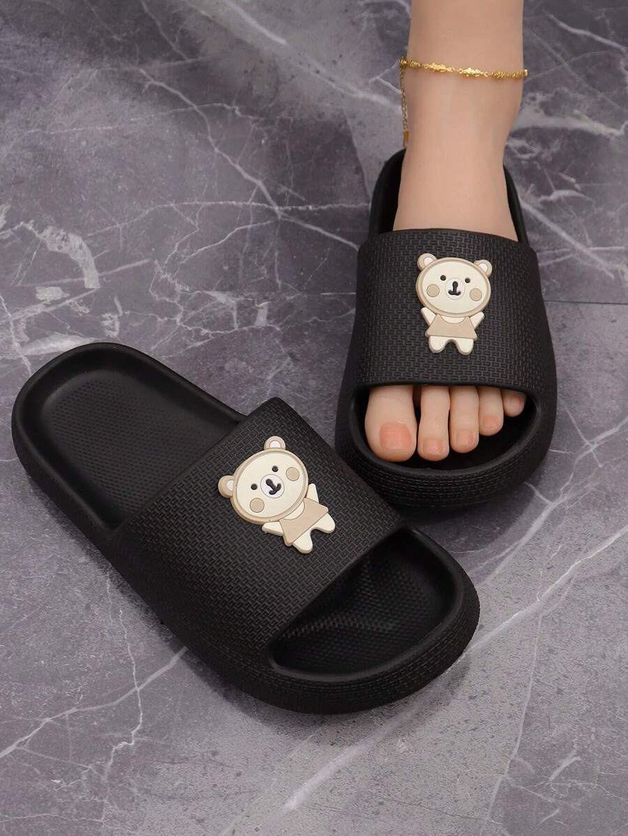 Dép Đi Trong Nhà Màu Đen Preppy Cho Nữ, Cầu Trượt Trang Trí Hình Gấu Hoạt Hình - màu đen - Xem 1