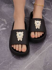Dép Đi Trong Nhà Màu Đen Preppy Cho Nữ, Cầu Trượt Trang Trí Hình Gấu Hoạt Hình - màu đen - Xem 2