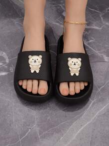 Dép Đi Trong Nhà Màu Đen Preppy Cho Nữ, Cầu Trượt Trang Trí Hình Gấu Hoạt Hình - màu đen - Xem 4