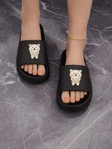 Dép Đi Trong Nhà Màu Đen Preppy Cho Nữ, Cầu Trượt Trang Trí Hình Gấu Hoạt Hình - màu đen - Xem 5