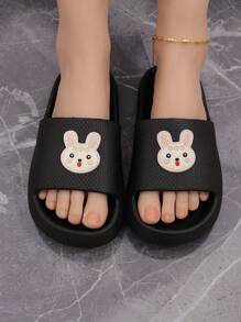 Preppy Black Slippers For Women, Cartoon Rabbit Decor Slides,Beach Outfits - Black - View 3