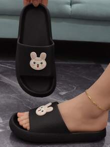 Preppy Black Slippers For Women, Cartoon Rabbit Decor Slides,Beach Outfits - Black - View 4