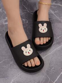Preppy Black Slippers For Women, Cartoon Rabbit Decor Slides,Beach Outfits - Black - View 5