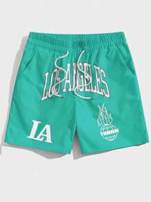 ROMWE MEN Prep Men Letter Graphic Drawstring Waist Shorts, School - Mint Green - View 1