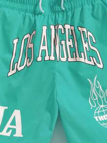ROMWE MEN Prep Men Letter Graphic Drawstring Waist Shorts, School - Mint Green - View 3