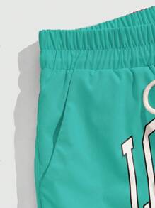 ROMWE MEN Prep Men Letter Graphic Drawstring Waist Shorts, School - Mint Green - View 4