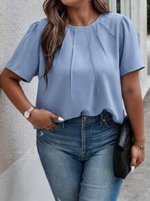 SHEIN LUNE Plus Plicated Detail Puff Sleeve Blouse - Blue - View 3