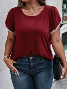 SHEIN LUNE 大碼蕾絲拼接花瓣袖T恤 - 酒紅色 - 查看 3