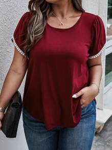 SHEIN LUNE 大碼蕾絲拼接花瓣袖T恤 - 酒紅色 - 查看 4