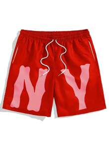 ROMWE MEN Prep 男士字母圖案腰部抽繩短褲 - 紅色 - 查看 1