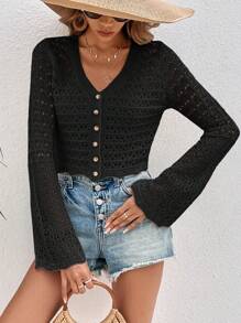 SHEIN VCAY 網眼針織前紐扣開襟衫 - 黑色 - 查看 3