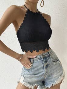SHEIN VCAY Guipure Lace Panel Tie Backless Halter Knit Top - Black - View 5