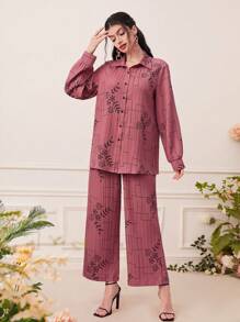 Mulvari 印花襯衫和闊腿褲 - 藕粉色 - 查看 1