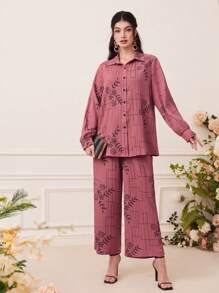 Mulvari 印花襯衫和闊腿褲 - 藕粉色 - 查看 3