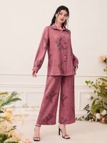 Mulvari 印花襯衫和闊腿褲 - 藕粉色 - 查看 4