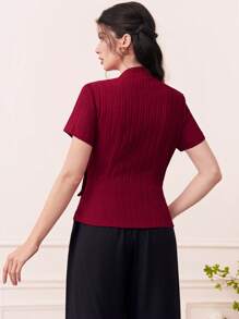 Seusyu 勃艮第红色纯色裹身细节不对称下摆衬衫 - 酒紅色 - 查看 2