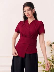 Seusyu 勃艮第红色纯色裹身细节不对称下摆衬衫 - 酒紅色 - 查看 3