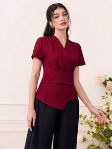 Seusyu 勃艮第红色纯色裹身细节不对称下摆衬衫 - 酒紅色 - 查看 4