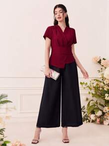 Seusyu 勃艮第红色纯色裹身细节不对称下摆衬衫 - 酒紅色 - 查看 5