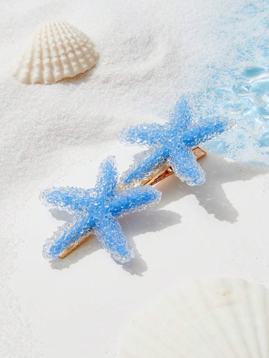 ROMWE Fairycore 美人魚1入組女士水鑽海星裝飾時尚鴨嘴夾適用於頭髮裝飾用品 - 藍色 - 查看 1