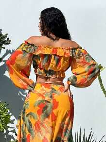 SHEIN SXY Áo sơ mi nữ viền lá sen Xù Viên lá sen Thắt nơ trước Hoa Boho - Nhiều màu - Xem 3