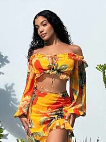 SHEIN SXY Áo sơ mi nữ viền lá sen Xù Viên lá sen Thắt nơ trước Hoa Boho - Nhiều màu - Xem 1