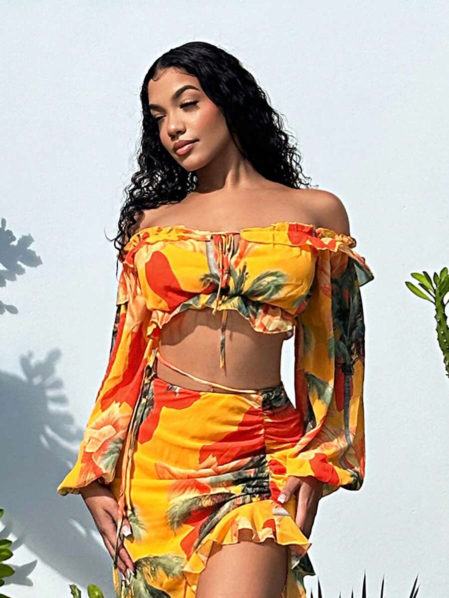 SHEIN SXY Áo sơ mi nữ viền lá sen Xù Viên lá sen Thắt nơ trước Hoa Boho - Nhiều màu - Xem 1