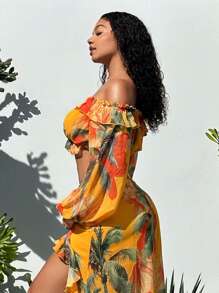 SHEIN SXY Áo sơ mi nữ viền lá sen Xù Viên lá sen Thắt nơ trước Hoa Boho - Nhiều màu - Xem 4