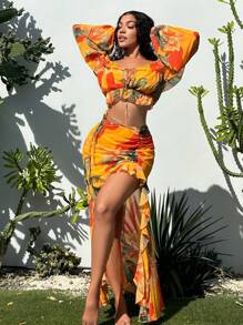 SHEIN SXY Áo sơ mi nữ viền lá sen Xù Viên lá sen Thắt nơ trước Hoa Boho - Nhiều màu - Xem 5