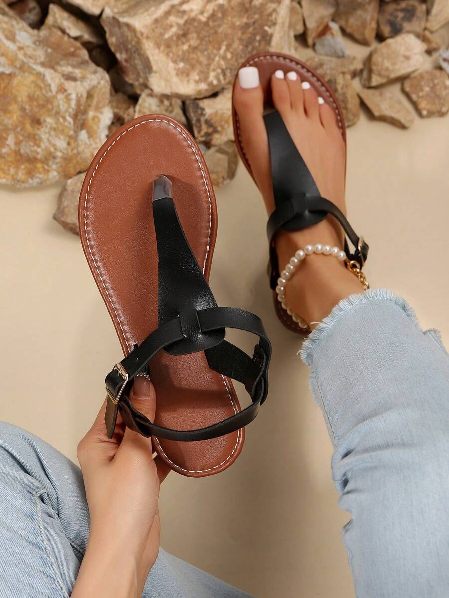 女士夾腳時尚夏天T字帶涼鞋 - 黑色 - 查看 1