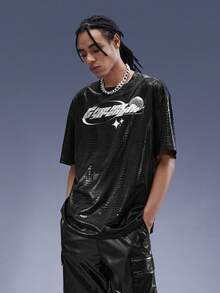 ROMWE MEN Cyber Luvr 男士字母圖案鱷魚印花落肩T恤 - 黑色 - 查看 4