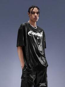 ROMWE MEN Cyber Luvr 男士字母圖案鱷魚印花落肩T恤 - 黑色 - 查看 5