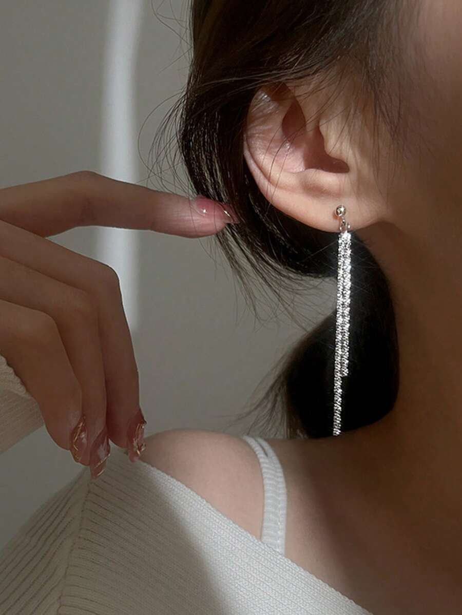 Rhinestone Tassel Drop Earrings - Silver - View 1