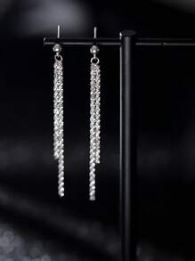 Rhinestone Tassel Drop Earrings - Silver - View 2