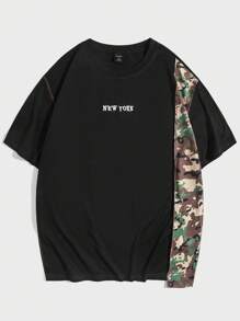 ROMWE MEN Guys Letter Graphic Camo Panel Tee - Black - View 1