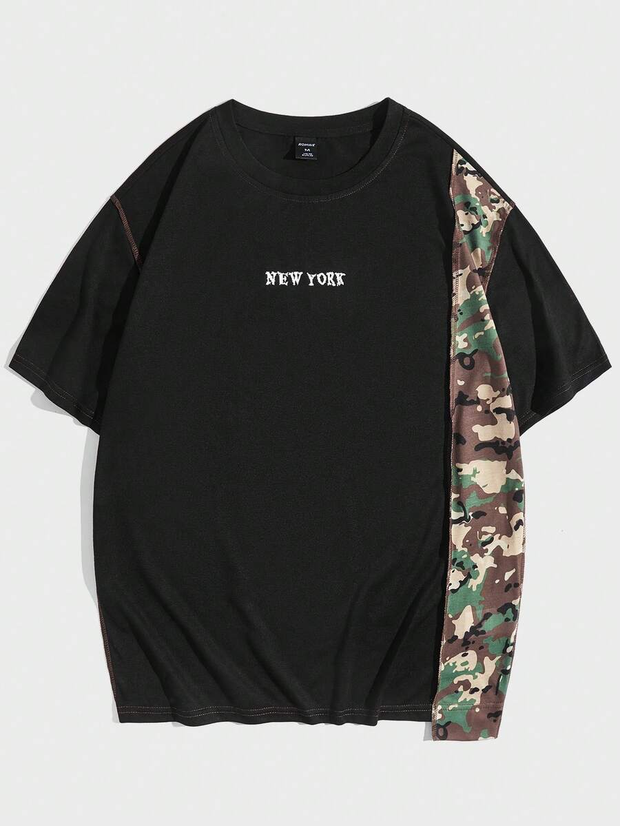 ROMWE MEN Guys Letter Graphic Camo Panel Tee - Black - View 1