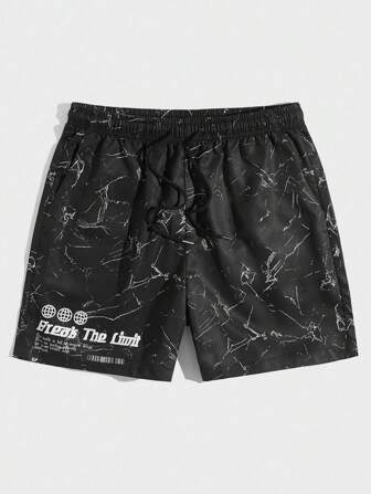 Street Life Short à cordon de serrage, imprimé marbre avec slogan graphique, pour homme, école
