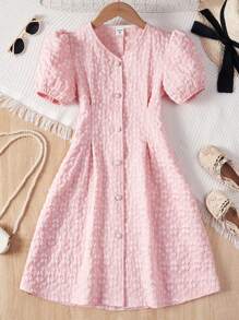SHEIN Vestido De Botones Para Niña Tween Con Mangas Puff - Rosa Pálido - Ver 1