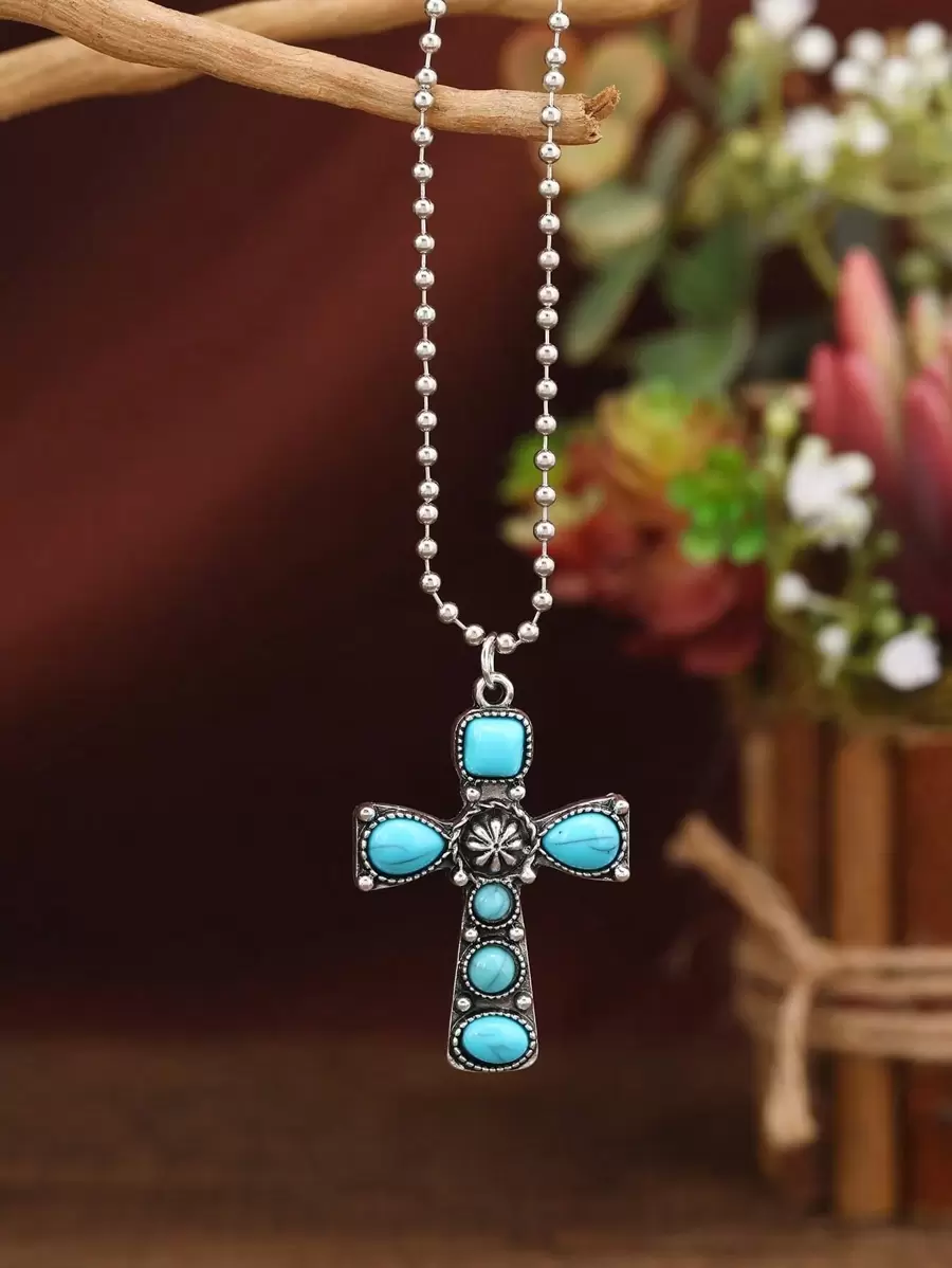 Turquoise Decor Cross Charm Necklace - Blue - View 1