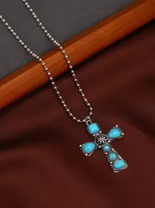 Turquoise Decor Cross Charm Necklace - Blue - View 2