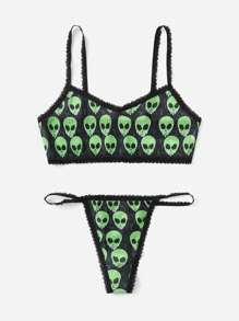 Therisingrose Alien Print Contrast Lace Lingerie Set - Multicolor - View 1